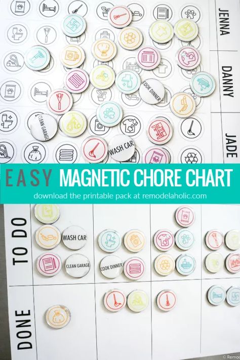 Get the whole family involved with this easy editable magnetic chore chart! Download the printable pack, enter your family's names, and print the chore chart magnets. Quick and easy family chore chart for kids! #remodelaholic Chores And Allowance, Editable Chore Chart, Chore Magnets, Family Chore Chart, Magnetic Chore Chart, Chore Board, Chore Chart For Kids, Family Chore Charts, Chart Ideas