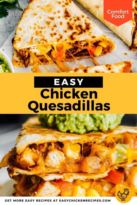 These Easy Chicken Quesadillas are loaded with melted cheese, seasoned chicken and pepper filling. Easy to make, this Mexican comfort at it's finest! Chicken Quesadillas Easy, Easy Chicken Quesadillas, Chicken Quesadillas Recipe, Quesadilla Recipes Easy, Chicken Quesadilla Recipe, Comfort Food Chicken, Seasoned Chicken, Quesadilla Recipes, Chicken Quesadillas