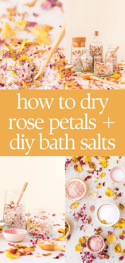 How to Dry Rose Petals + Make Rose Petal Bath Salts Dry Petals Ideas, Dry Rose Petals, Rose Petal Bath Salts, Rose Petal Bath, Salt Scrubs, Bath Salts Diy, Dry Rose, Diy Rose, Diy Roses