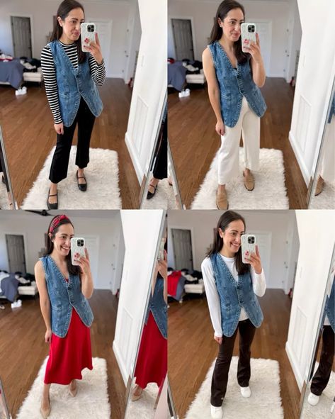 Longline Denim Vest curated on LTK Long Jean Vest Outfits, Jeans Vest Outfit, Denim Vest Outfit Fall, Sleeveless Jean Jacket Outfit, Vest Outfit Fall, Denim Vest Style, Fall Vest Outfits, Jean Vest Outfits, Jean Jacket Outfit