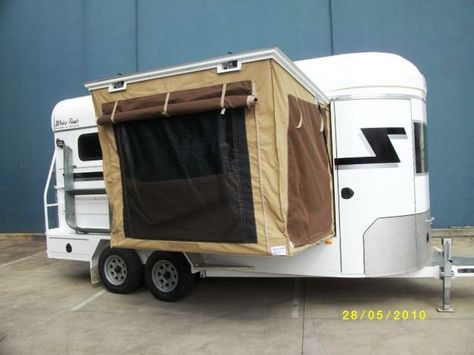 Weekender/Horse Camper by Writco Floats and Trailers Horse Float Camper Conversion, Diy Horse Float Ideas, Stock Trailer Conversion, Horse Float Camper, Cowboy Shower Horse Trailer, Horse Float Ideas, Horse Trailer Conversion Campers, Horse Trailer Camping, Horse Trailer Hacks