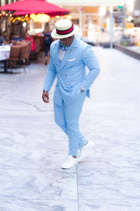 Baby Blue Suit was custom-made. White Sneakers from Zara White And Blue Tuxedo, Baby Blue Tuxedo, Blue Summer Suit, Cinderella Quince, Baby Shower For Men, Suits For Guys, Blue And White Suit, Suit For Prom