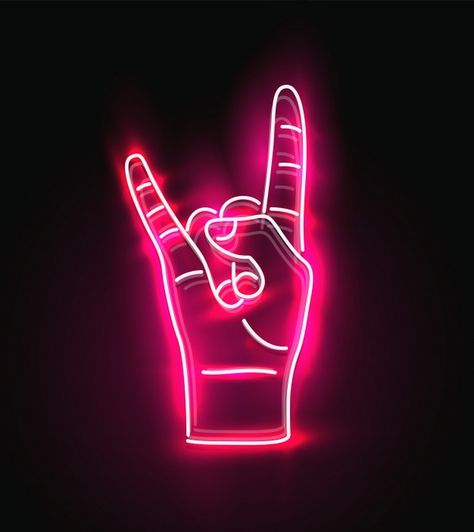 Red glowing neon sign of rock hand gestu... | Premium Vector #Freepik #vector #hand #light #pink #retro Rock Hand Sign, Aesthetic Rock, Rock Hand, Hand Sign, Neon Sign, Premium Vector, Rock And Roll, Neon, Pink