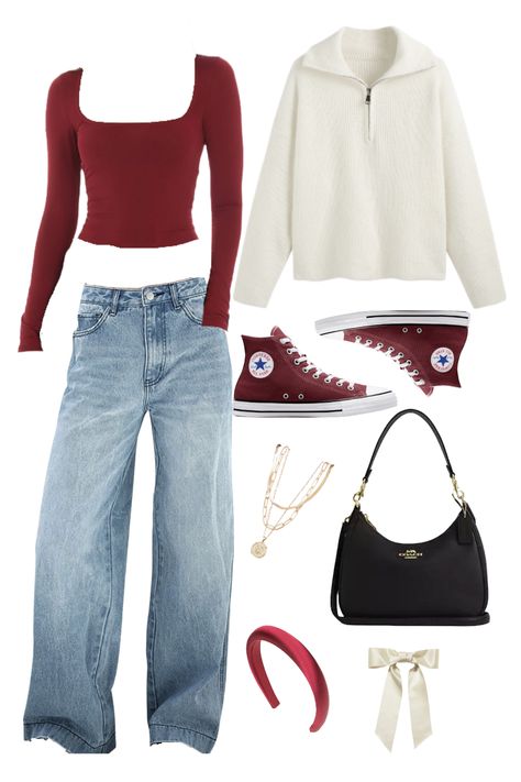 Get inspired with these maroon and cream outfits!  #OutfitInspo #MaroonOutfit #GoldJewelry  Outfit Inspo/Outfit Inspiration/Maroon Outfit/ Cream Outfit/  Sweatshirt/ Gold Jewelry/ Gold Earrings/Gold Necklace/Gold Rings/Coach bag/sling bag/ off the shoulder bag/ Converse/Converse shoes/Garage/Maroon Converse/red and white Converse/ jeans/red shirt/White/Stars/Tiffany/Bows/ headband Maroon And Cream Outfit, Maroon And White Outfits, Maroon Sweatshirt Outfit, Maroon Converse Outfit, Converse Red Outfit, Maroon Shoes Outfit, Red Sweatshirt Outfit, High Converse Outfit, Cherry Red Outfit