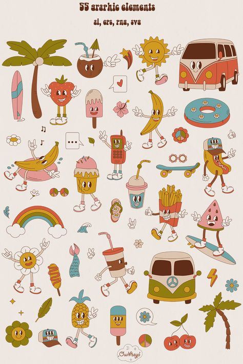 Summer, Groovy, Retro, Characters, Retro Cartoon, Hippie, Vintage, Nostalgic, Groovy flower, 70s retro, Retro Graphic, 80s retro design, Wall art, Peaceful, Retro background, Joyful, 90s, Retro illustration, Retro groovy, Party, Stickers, Y2K, Surfboard, Beach, Retro vibes, Holyday, Banana, Fries, Hot Dog Vintage Summer Illustration, Retro Food Illustration, Retro Illustration Graphics, Summer Character Design, Banana Fries, 70s Characters, Retro Doodles, Y2k Smiley Face, Retro Cartoon Characters