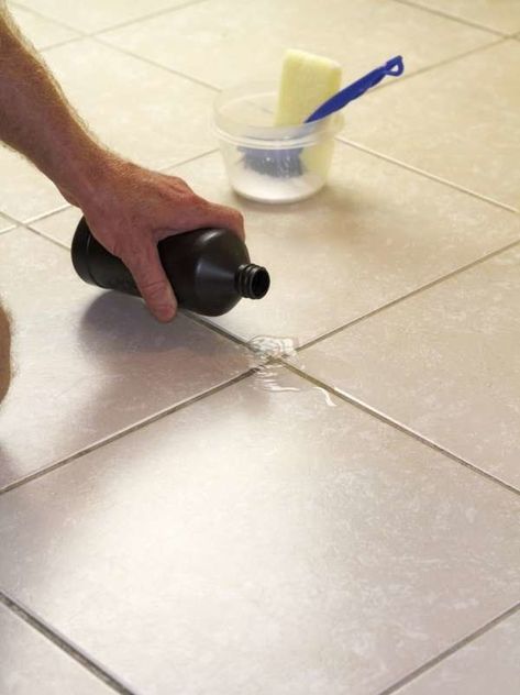 How to clean tile and grout with hydrogen peroxide. | 12 Surprising Uses for Hydrogen Peroxide How To Clean Grout, Diy Grout, Grout Stain, Clean Grout, Cleaning Ceramic Tiles, Homemade Toilet Cleaner, Floor Grout, Clean Baking Pans, Clean Tile Grout