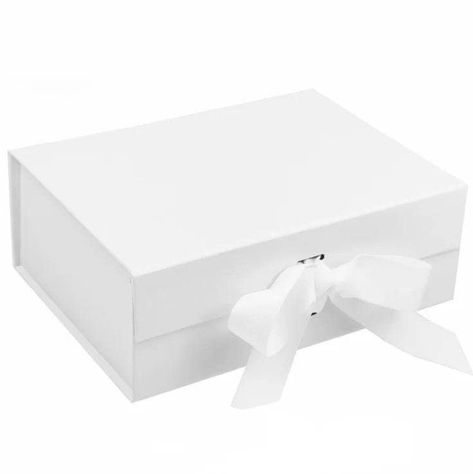 "White Collapsible Gift Box With Magnetic Closure & Ribbon Finish - Exterior 13\"L x 10.6\"W x 4.8H\"inch (Large Size) This box offers an exceptional packaging experience with an ultra hard paperboard, magnetic closure and matching color ribbon. Designed to deliver an upscale look, the gift box features a matte surface with a unique collapsible design, reinforced adhesive corner lining, magnetic snap lock closure, and ribbon finish. Collapsible gift box is very sturdy, perfect for retail product Kraft Packaging, Product Presentation, Inside Interiors, Snap Lock, Clear Box, Fancy Gifts, White Box, White Gift Boxes, Pink Gifts