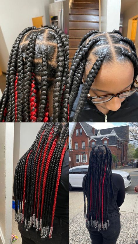 Peek A Boo Knotless Braids With Beads, Red And Black Knotless Braids Peekaboo, Red Knotless Box Braids With Beads, Braids Peek A Boo Color, Red Peekaboo Box Braids With Beads, Peek A Boo Braids With Beads, Red Peekaboo Braids With Beads, Red Peekaboo Hair Braids, Red And Black Braids With Beads