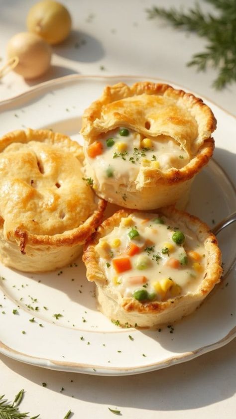 Individual Chicken Pot Pies Personal Pot Pies Chicken, Easy Individual Chicken Pot Pie, Muffin Tin Pot Pie Chicken Potpie, Single Serve Pot Pie, Individual Pot Pie Recipe, Mini Pot Pies With Pie Crust, Homemade Chicken Potpie Recipe, Chicken Pot Pie Recipe Individual, Upside Down Chicken Pot Pie