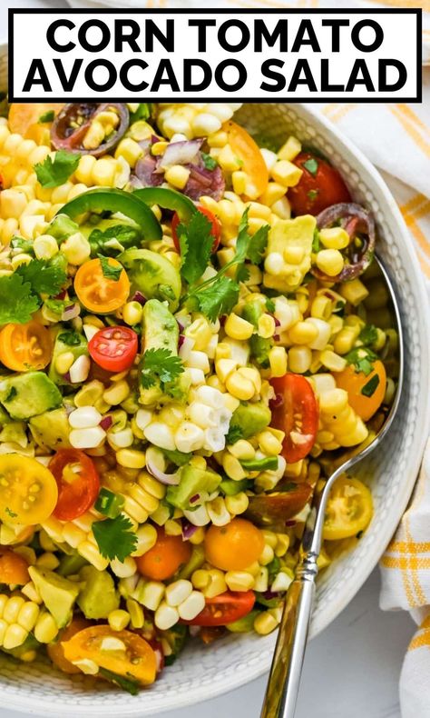 This easy corn tomato and avocado salad with honey lime dressing is the best vegetarian summer main course or side dish for cookouts, barbecues and potlucks. The fresh corn is cut right off the cob with buttery avocado and vine ripe tomatoes. You'll love this summer corn salad recipe to serve all season long. Try this corn avocado salad today. Avocado Corn Salad Recipes, Summer Corn Salad Recipe, Corn And Avocado Salad, Corn Tomato Avocado Salad, Tomato And Avocado Salad, Corn And Tomato Salad, Salad With Honey Lime Dressing, Julia’s Album Avocado Corn Tomato Salad, Corn Avacoda Tomato Salad