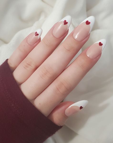 Feb Nails Valentines Day Almond, Nail Inspo February, Valentines Day Nails Almond Shape, French Tip Almond Acrylic Nails, Valentines Day Nails 2023, Valentines Nails Almond Shape, French Tip Red, Tacky Nails, February Valentines Day