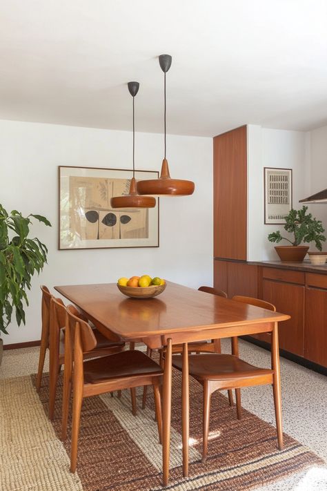 Apartment Dining Room Inspiration, Boho Retro Dining Room, Mid Century Modern Kitchen Lights, Small Midcentury Modern House, Mid Centric Modern Dining Room, Apartment Decor Mid Century Modern, 70s House Dining Room, Mid Century Modern Living Room Apartment, Mid Century Modern Lights