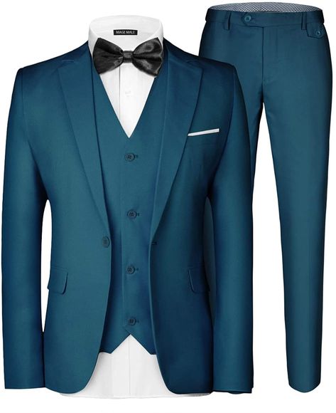 MAGE MALE Men's 3 Pieces Suit Elegant Solid One Button Slim Fit Single Breasted Party Blazer Vest Pants Set Teal Blue : Amazon.ca: Clothing, Shoes & Accessories Formal Blazer, Slim Vest, Navy Blue Wedding, Men's Suit, Groom Wear, Slim Fit Suit, Three Piece Suit, Blazer Vest, Formal Suits