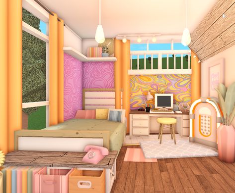 More builds like this on my insta (link in bio) Bloxburg Retro Bedroom, Retro Bloxburg Room, Maximalist Bloxburg House, Colorful Bloxburg House, Colorful Retro Bedroom, Artistic Bedroom, Insta Link, Bloxburg Interior, Retro Apartment