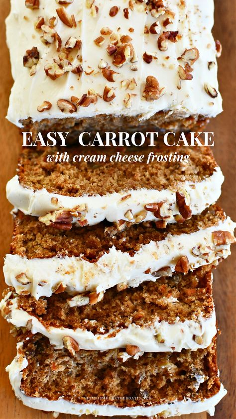 An easy and deliciously moist, doctor-the-box recipe for carrot cake! Perfectly paired with homemade cream cheese frosting! #carrotcake #boxmix #betterbaking #doctorthebox #creamcheese #recipe ©homeiswheretheboatis.net Box Carrot Cake Recipe, Cake Mix Carrot Cake Recipe, Recipe For Carrot Cake, Homemade Frosting Recipes, Carrot Cake Bread, Doctored Cake Mix Recipes, Homemade Cream Cheese Frosting, Box Cake Recipes, Carrot Cake Recipe Easy