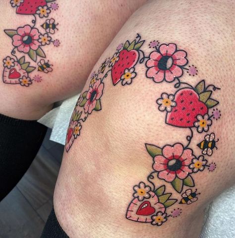 Pastel American Traditional Tattoo, Kawaii Chest Tattoo, American Traditional Tattoo Women, Strawberry Knee Tattoo, Strawberry Shortcake Tattoos, Cute Food Tattoos, Cute Knee Tattoo, Traditional Cloud Tattoo, Princess Bubblegum Tattoo