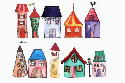 11 Watercolor Houses Clip Art by Tati Bordiu on @creativemarket Watercolor Houses, Art Fantaisiste, House Drawing, Arte Animal, Creative Sketches, Pencil Illustration, Love Drawings, Kit Digital, Paper Collage