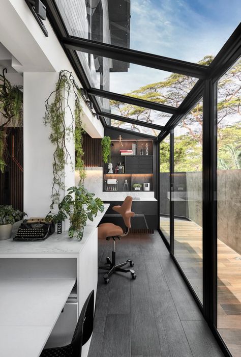 House Tour: A 70-year-old terrace house turned into a fashionable home - Home & Decor Singapore Glass House Design, Detail Arsitektur, Villain Outfits, Outfits Female, Glass Extension, House Extension Design, Glass Walls, Industrial House, House Extensions