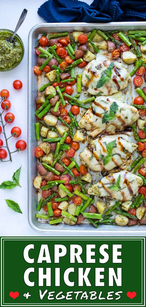 One Pan Dinner Recipes, Vinaigrette Dressing Recipe, Asparagus Recipes Baked, Chicken Baked, Pan Chicken Fajitas, Chicken Asparagus, Caprese Chicken, Cubed Potatoes, Roasted Cherry Tomatoes