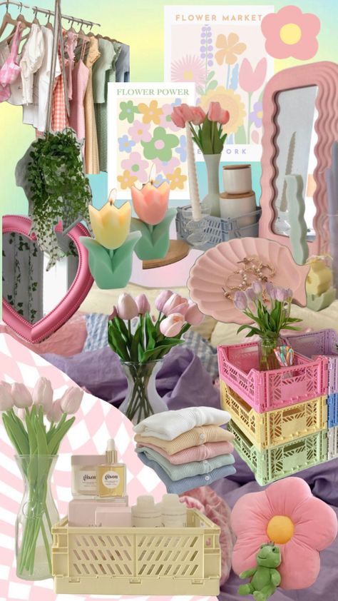 Rainbow Pastel Room Ideas, Chambre Astethic, Danish Pastel Bedroom Aesthetic, Danish Aesthetic Room, Pastel Danish Bedroom, Pastel Bedroom Aesthetic, Pastel Rainbow Bedroom, Kawaii Bedroom Aesthetic, Pastel Aesthetic Bedroom