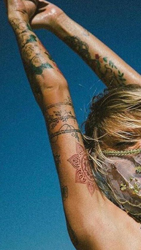 Nature Forearm Tattoo Women, Wild Women Tattoo, Sara Aesthetic, Surf Tattoos, Hippie Tattoos, Yogi Tattoo, Arm Wrap Tattoo, Henna Ink, Bohemian Tattoo