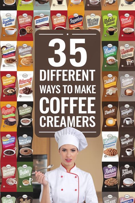 Barista surrounded by various coffee creamer options, promoting 35 different flavors. Uses For Coffee Creamer Bottles, Optavia Approved Coffee Creamer, Health Coffee Creamer, Diy Creamer Coffee, Make Your Own Coffee Creamer, Coffee Creamer Flavors, Coffee Creamer Bottle Crafts, Low Carb Coffee Creamer, Condensed Milk Coffee