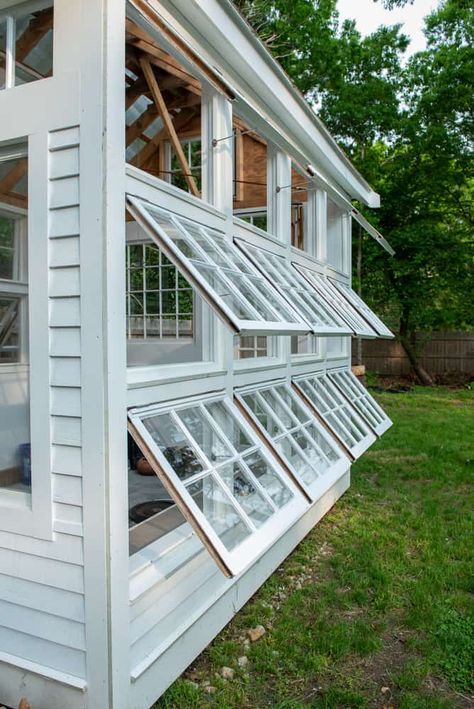 She Shed Made From Old Windows, Greenhouse Above Garage, Outdoor Sheds Ideas, Greenhouse Made Out Of Old Windows, Convert Shed To Greenhouse, Greenhouse Ideas With Old Windows, Greenhouse She Shed Combo, Window She Shed, She Shed Greenhouse Ideas