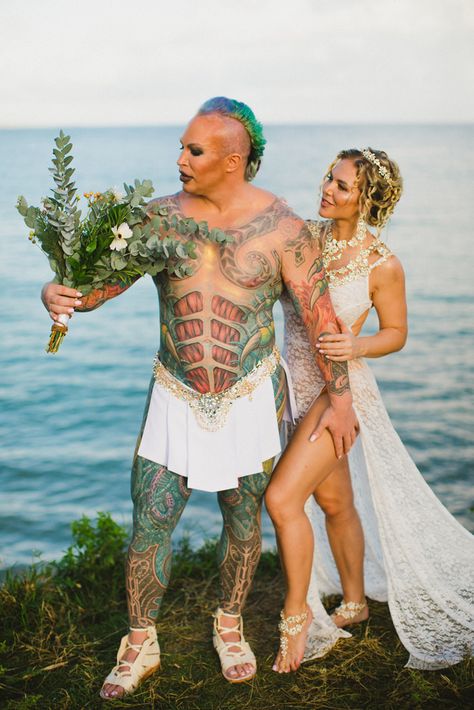 Greek mythology inspired groom's attire · Rock n Roll Bride Greece Wedding Theme, Ancient Greece Wedding, Greek Inspired Wedding, Greek Goddess Style, Peach Wedding Theme, Greek Tradition, Rock N Roll Bride, Offbeat Bride, Greece Wedding