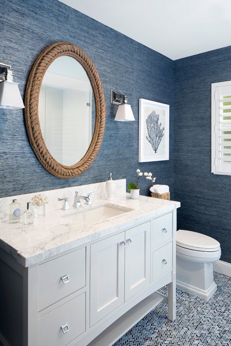 Navy Grasscloth Wallpaper. Navy Grasscloth Wallpaper is by Phillip Jeffries… Coastal Style Bathroom, Navy Bathroom, Beach House Bathroom, Rope Decor, Bad Inspiration, Nautical Bathrooms, Coastal Bathrooms, Mirror On The Wall, Bathroom Design Decor