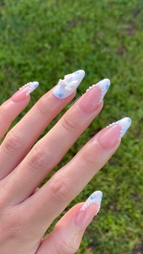 Blue Nails W Flowers, Dainty Blue Nails, Light Blue Nails With Charms, Light Blue Floral Nails, Cinderella Blue Nails, Nail Inspo Charms, Blue Coquette Nails, Blue Nails Flower, Cinderella Nails