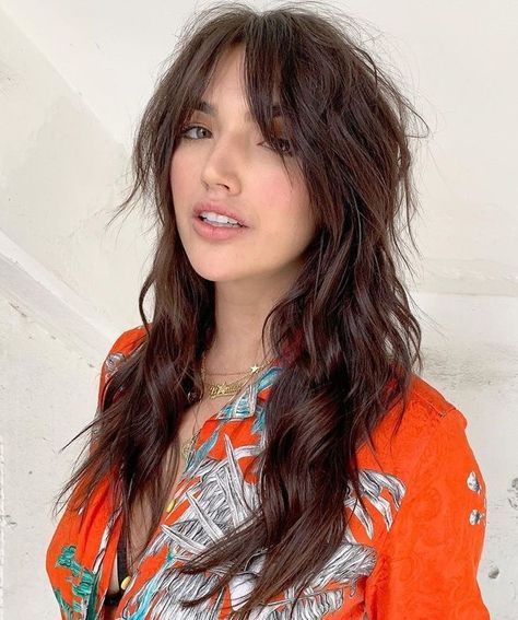 Choppy Layers For Straight Hair, Red Brown Shag Hair, Center Part Shag Haircut, Shag Haircut Women Long, 70s Hair Shag Long, Long Shag Mullet No Bangs, 80 Shag Haircut, Shaggy Mullet No Bangs, Shag Haircut Long Wavy Hair