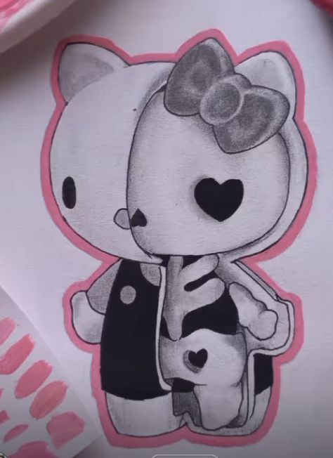 Drawing Ideas Hello Kitty And Spider Man, Cute Hello Kitty Sketch, Hello Kitty Half Skeleton Drawing, Hello Kitty Valentines Drawing, Hello Kitty X Spiderman Drawing, Taylor Inspired Drawings, Y2k Drawing Ideas Hello Kitty, Hello Kitty Outline Drawing, Hello Kitty Y2k Drawing