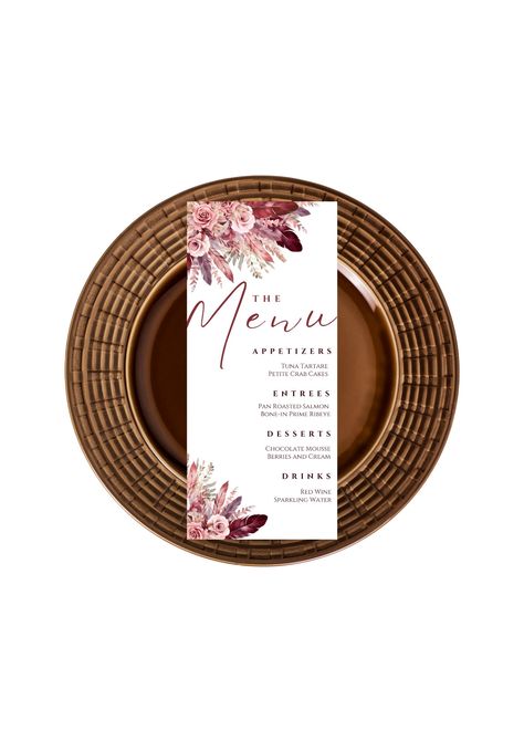 Wedding Menus Design, Boho Florals, Bridal Shower Menu, Baby Shower Menu, Menu Card Template, Boho Birthday Party, Birthday Menu, Boho Table, Menu Wedding