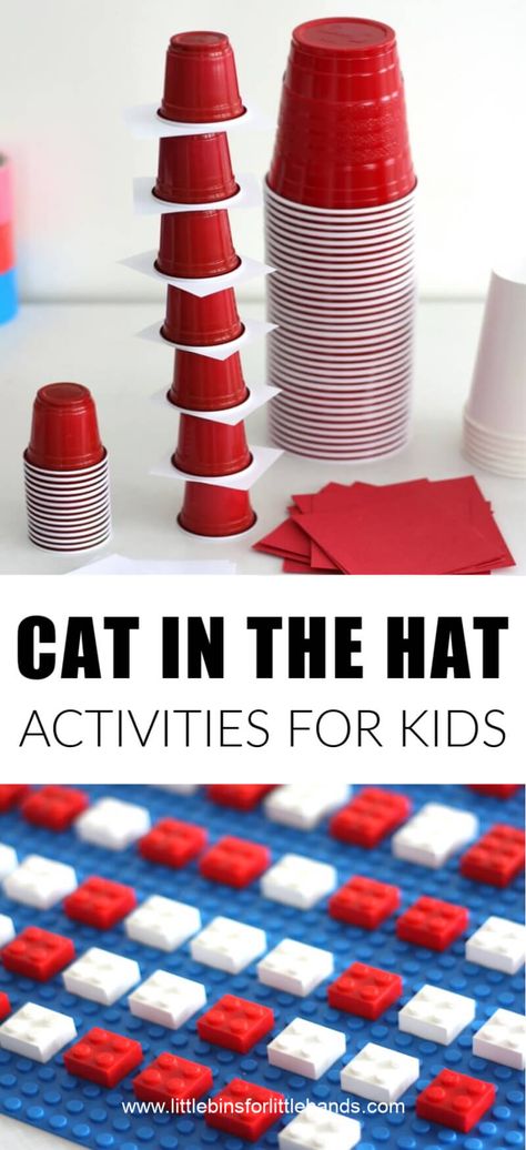 Cat in the Hat Activities.  Celebrate Dr. Suess day and Read Across America with this list of Cat in the Hat activities, perfect for the preschool and elementary classroom, and homeschool. These are great for Cat In The Hat themed classroom centers. STEAM activities for The Cat In The Hat  #catinthehat #drsuess #steamclassroom Cat In The Hat Stem Activities, Cat In The Hat Sensory Bin, Hat Activities For Preschool, Hat Day Activities, Cat In The Hat Activities, Dr Seuss Stem, Dr Seuss Math Activities, Dr Seuss Math, Dr Suess Day