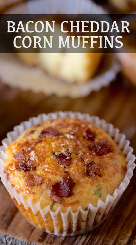 Bacon Cheddar Corn Muffins come with bacon and cheese baked right inside!  A comforting, slightly sweet and salty breakfast or brunch item. Is there any better way to start the day? #bacon #baconcheddarmuffin #savorymuffin Bacon And Cheese Corn Muffins, Bacon Cheddar Cornbread Muffins, Baking With Bacon, Sweet And Salty Breakfast, Bacon And Cheese Muffins, Bacon Cheddar Muffins, Savory Breakfast Muffins, Cheddar Corn, Bacon Cornbread