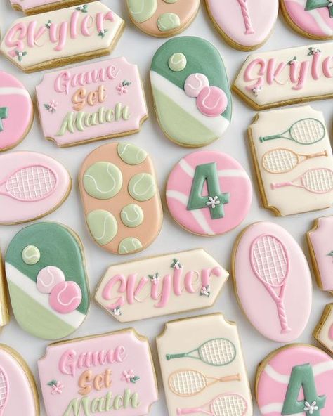 @decadent_dough on IG Tennis Royal Icing Cookies, Pickle Ball Decorated Cookies, Pickleball Birthday Cake, Tennis Cookies Decorated, Pickle Ball Cookies, Tennis Baby Shower Theme, Pickleball Cookies Decorated, Tennis Desserts, Pickleball Cookies