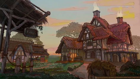 Cottage Concept Art, The Belgariad, Dragon Animated, Fantasy Tavern, Feng Zhu Design, Farm Cartoon, Feng Zhu, Farm Town, Farm Village