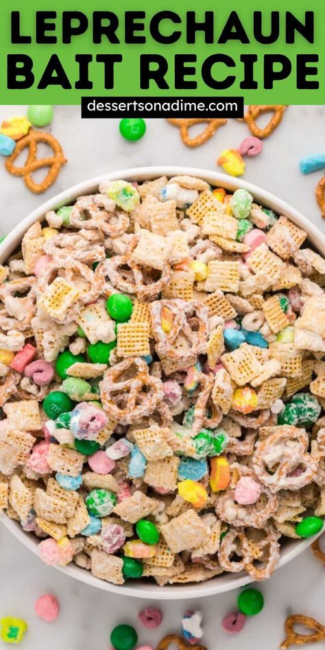 Leprechaun Bait is a fun treat. It is a tasty blend of Lucky Charms, Chex Cereal, Pretzels and more. Everything is coated in white chocolate. This homemade no bake fun and festive treat is perfect for St Patrick's Day or any day of the week. #dessertsonadime #leprechaunbait #stpatricksdaytreat Leprechaun Bait, White Chocolate Chex Mix, St Patrick Day Snacks, Lucky Charms Marshmallows, Dark Chocolate Mint, Lucky Charms Cereal, White Chocolate Recipes, Chex Cereal, Mini Pretzels