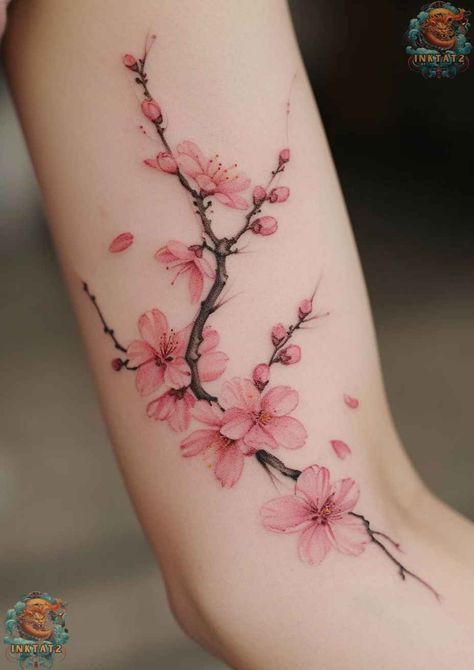 The Art and Symbolism of Cherry Blossom Tree Tattoo Designs: A Comprehensive Exploration - inktat2.com Flower Tatoos Woman Arm, Cherry Blossom Drawing Tattoo, Cherry Blossom Tattoo Sleeve Woman, Japanese Cherry Blossom Tattoos, Japanese Sakura Tattoo, Cherry Blooms Tattoo, Japanese Tattoo Flower, Tattoo Collage, Cherry Blossom Tree Tattoo