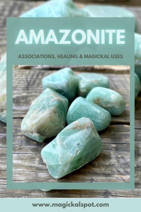 Embrace the calming waves of 🌊 Amazonite in 'Associations, Healing & Magickal Uses.' Discover this stone's power to balance emotions, enhance communication, and shield against negativity. 💙✨ Ideal for those seeking harmony and truth in their lives and practices. Learn how Amazonite can support your throat chakra, encourage self-expression, and empower your magical workings. Dive into the soothing energies of Amazonite. 🌬️🔮 Witch Info, Crystal Grimoire, Amazonite Meaning, Crystal Witch, Mojo Bags, Inner Harmony, Healing Gemstones, Healthy Advice, Wellness Inspiration