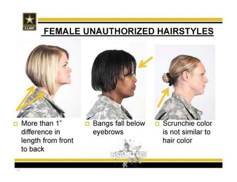 Army Unauthorized Hairstyles for Women I still try to match my hair accessories to my hair color, many years later. Easy Professional Hairstyles, Military Hair, Military Haircut, Haircut Pictures, Army National Guard, Army Women, Popsugar Beauty, Female Soldier, One Hair