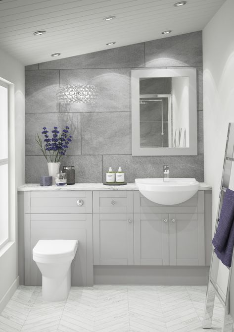 Atlanta Bathrooms | Shaker Pearl Grey Light Grey Bathrooms, Fitted Bathroom Furniture, Bathroom Interior Design Modern, Small Bathroom Interior, Bathroom Inspiration Modern, Bathroom Organization Diy, Fitted Bathroom, Grey Bathroom, Diy Labels