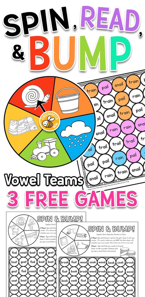 Free Reading Games for Kindergarten! A collection of three free Spin, Read, and BUMP learning games for children working on vowel teams.  These games are hands-on and tons of fun! via @prekmoms