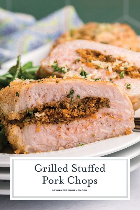 Grilled Stuffed Pork Chops is an EASY recipe. Marinated pork stuffed w/ bread crumbs, herbs and cheese and grilled to flavorful perfection! Grilled Breaded Pork Chops, Stuffed Pork Chops On The Grill, Grilled Pork Recipes, Grilling Recipes Pork, Stuffed Pork Chops, Stuffed Pork, Traeger Recipes, Grilled Sausage, Pork Ham