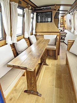 Dining Narrowboat Dining Table, Boat Renovation, Barge Interior, Canal Boat Interior, Boat Cabin, Farmhouse Style Dining Table, Narrowboat Interiors, Boat Living, Boat House Interior