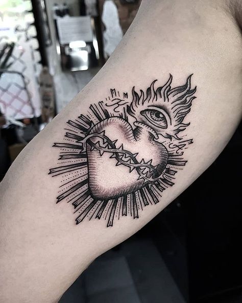 Heart Tattoo Men, Sacred Heart Tattoo, Traditional Butterfly Tattoo, Third Eye Tattoos, Sacred Heart Tattoos, Tattoo Themes, Tattoo Heart, Coffee Tattoos, Heart Tattoos