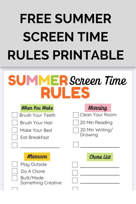 Free Summer Screen Time Rules Printable Summer List For Kids Before Electronics, Summer Electronic Rules Printable, Summer Technology Rules For Kids, How To Earn Screen Time For Kids, Summer List Before Screen Time, Kids Screen Time Chart, Screen Time Checklist Printable, Earn Screen Time Chart Free Printable, Screen Time Checklist For Kids