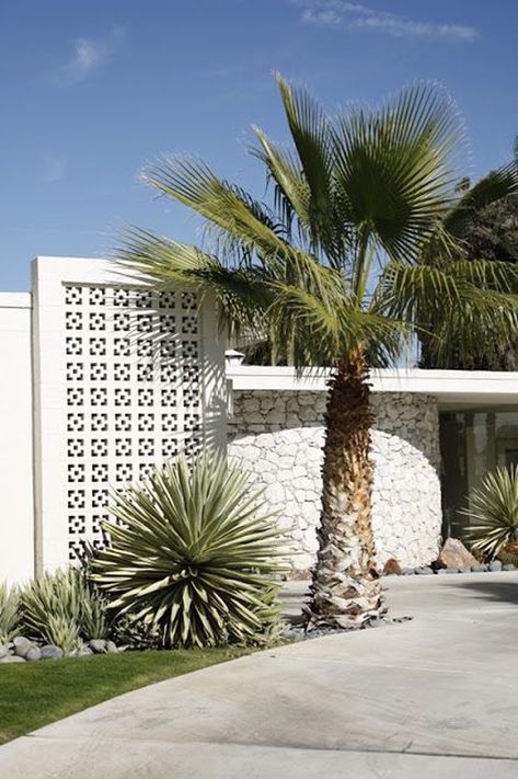 20 Awesome Breeze Blocks With Scandinavian Touches | Home Design And Interior Palm Springs Landscaping, Breeze Block Wall, Mid Century Exterior, Breeze Blocks, Palm Springs Style, Palm Spring, Mid Century Architecture, Modern Landscape, Modern Landscaping