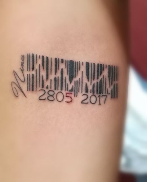 Barcode Tattoo Designs with Meanings & Placement Ideas Tattoo Barcode Design, Barcode Tattoo For Men, Barcode Tattoo Design, Tattoo Mujer, Positivity Tattoo, Tato 3d, Barcode Tattoo, Armband Tattoo Design, Muster Tattoos