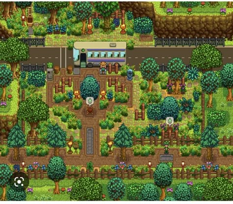 Stardew Valley Farm Maps, Stardew Valley Forest Farm Layout No Mods, Stardew Valley Bus Stop Decoration, Stardew Bus Stop Design, Stardew Valley Forest Farm Design, Stardew Valley Town Decoration, Stardew Valley Bus Stop, Stardew Valley Bus Stop Design, Stardew Valley Quarry Layout